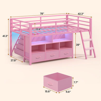 ADORNEVE | Low LED Loft Bed Twin Size with 5 Open Cubbies and 3-Tier Bookshel Loft Bed with 3 Fabric Drawers and Full-Length Guardrail