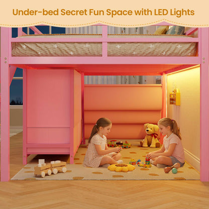 ADORNEVE | Low LED Loft Bed Twin Size with 5 Open Cubbies and 3-Tier Bookshel Loft Bed with 3 Fabric Drawers and Full-Length Guardrail