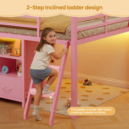 ADORNEVE | Low LED Loft Bed Twin Size with 5 Open Cubbies and 3-Tier Bookshel Loft Bed with 3 Fabric Drawers and Full-Length Guardrail