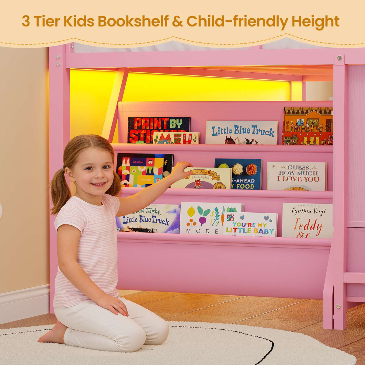 ADORNEVE | Low LED Loft Bed Twin Size with 5 Open Cubbies and 3-Tier Bookshel Loft Bed with 3 Fabric Drawers and Full-Length Guardrail