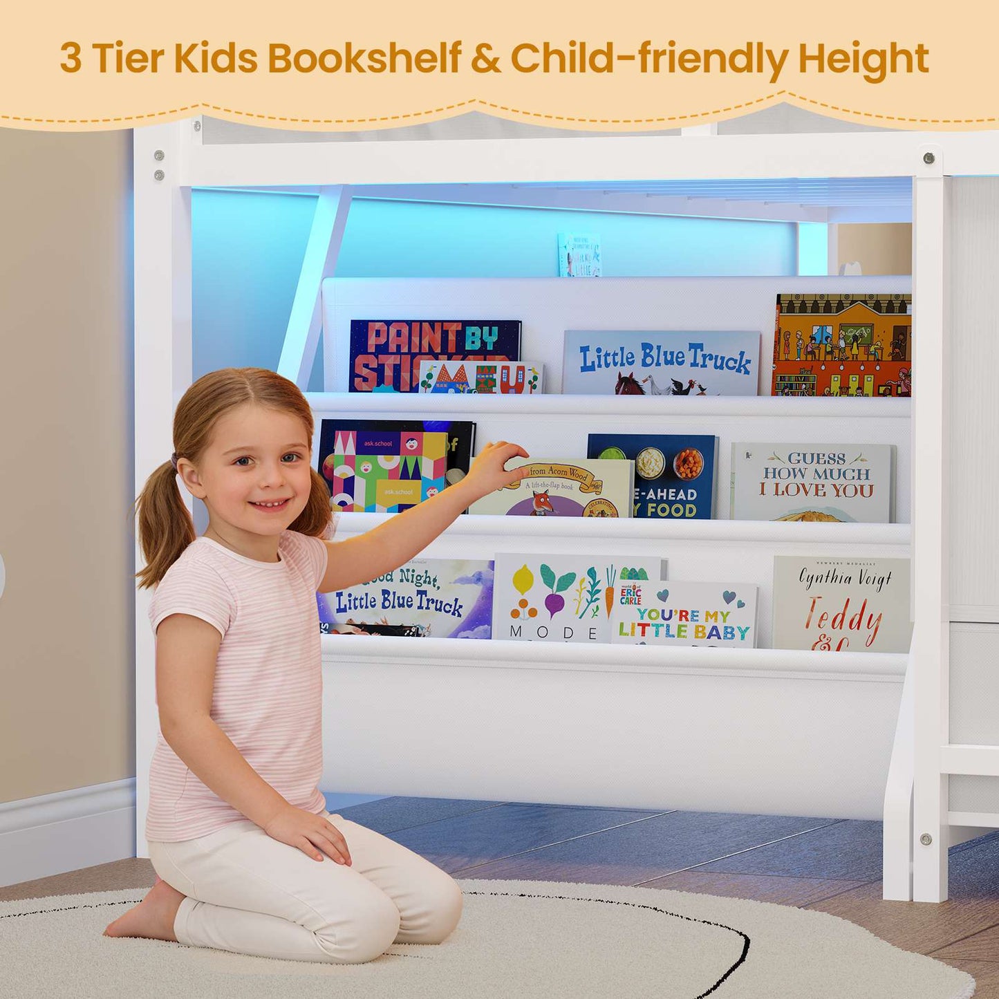 ADORNEVE | Low LED Loft Bed Twin Size with 5 Open Cubbies and 3-Tier Bookshel Loft Bed with 3 Fabric Drawers and Full-Length Guardrail