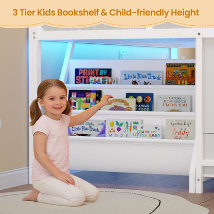 ADORNEVE | Low LED Loft Bed Twin Size with 5 Open Cubbies and 3-Tier Bookshel Loft Bed with 3 Fabric Drawers and Full-Length Guardrail
