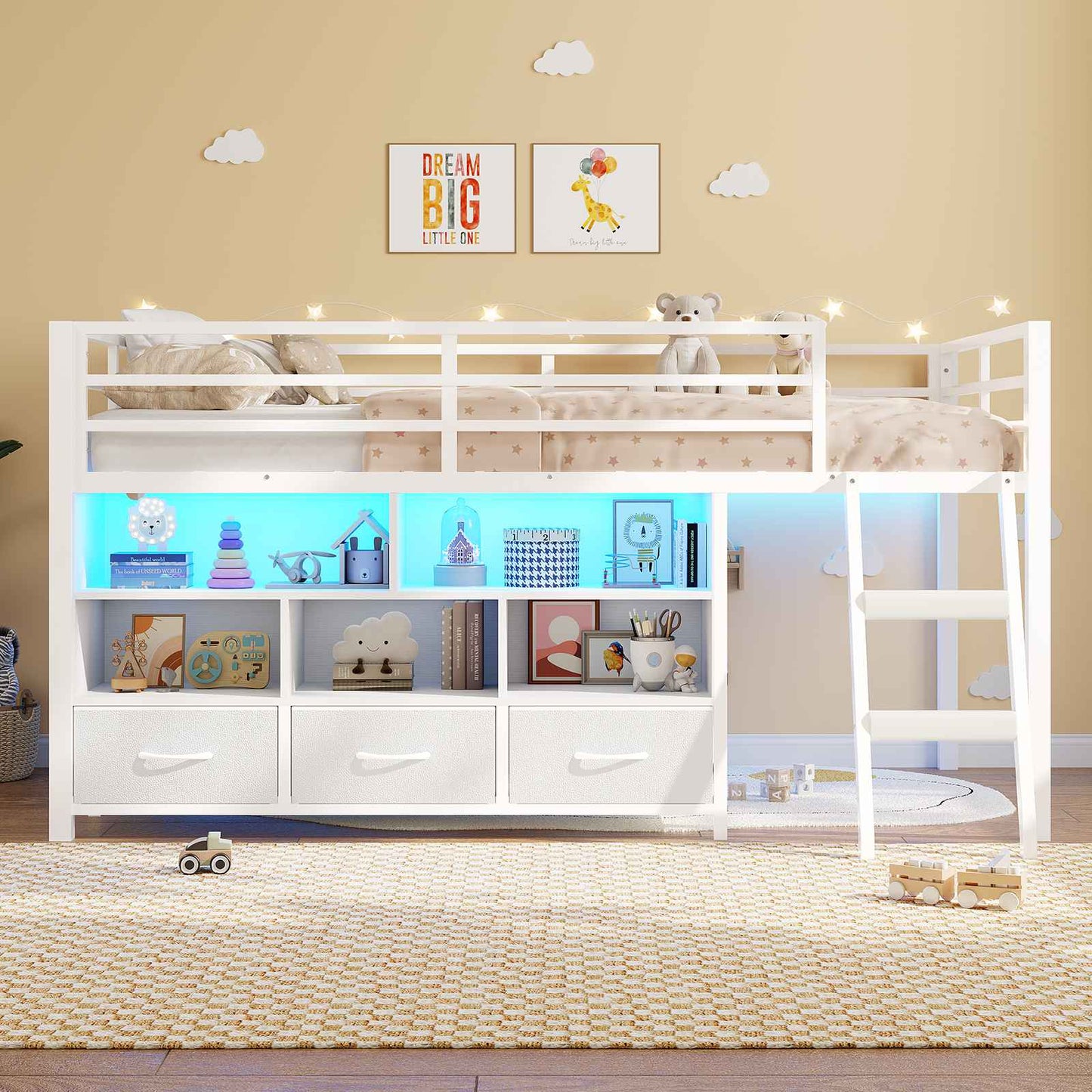 ADORNEVE | Low LED Loft Bed Twin Size with 5 Open Cubbies and 3-Tier Bookshel Loft Bed with 3 Fabric Drawers and Full-Length Guardrail