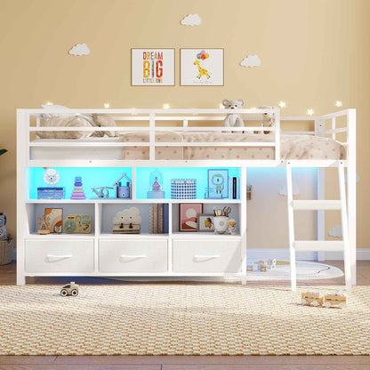 ADORNEVE | Low LED Loft Bed Twin Size with 5 Open Cubbies and 3-Tier Bookshel Loft Bed with 3 Fabric Drawers and Full-Length Guardrail