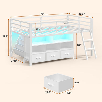 ADORNEVE | Low LED Loft Bed Twin Size with 5 Open Cubbies and 3-Tier Bookshel Loft Bed with 3 Fabric Drawers and Full-Length Guardrail