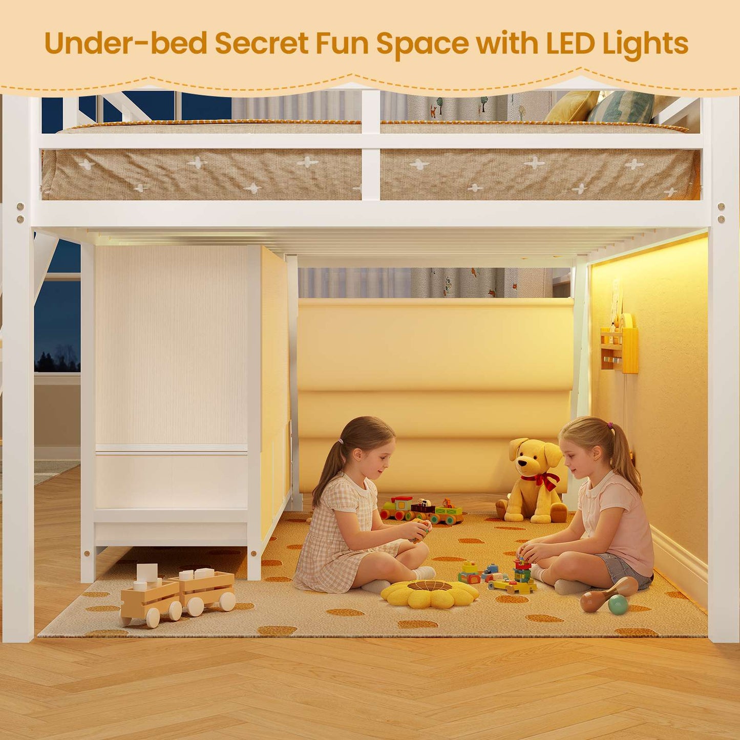 ADORNEVE | Low LED Loft Bed Twin Size with 5 Open Cubbies and 3-Tier Bookshel Loft Bed with 3 Fabric Drawers and Full-Length Guardrail