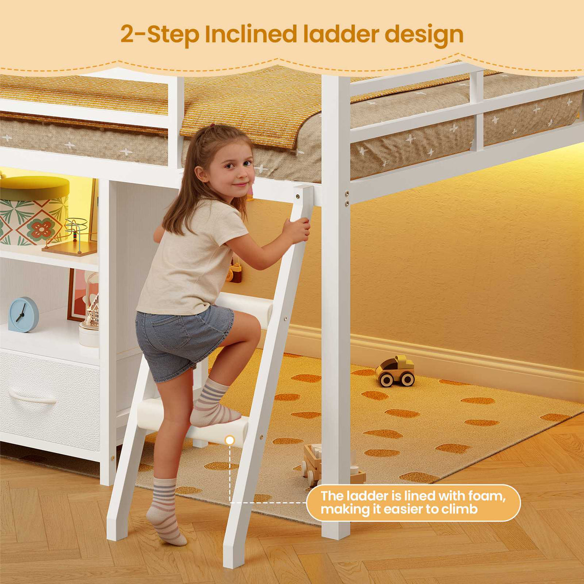 ADORNEVE | Low LED Loft Bed Twin Size with 5 Open Cubbies and 3-Tier Bookshel Loft Bed with 3 Fabric Drawers and Full-Length Guardrail