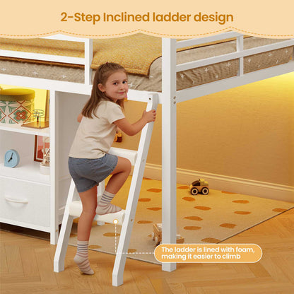 ADORNEVE | Low LED Loft Bed Twin Size with 5 Open Cubbies and 3-Tier Bookshel Loft Bed with 3 Fabric Drawers and Full-Length Guardrail
