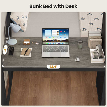 ADORNEVE | Full Over Full Bunk Bed with Desk and 5 Drawers LED Bunk Beds with Charging Station and Storage Pockets Safety Guardrails