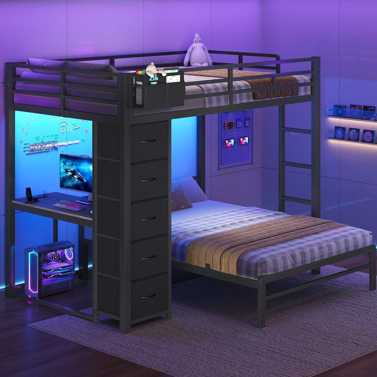 ADORNEVE | Full Over Full Bunk Bed with Desk and 5 Drawers LED Bunk Beds with Charging Station and Storage Pockets Safety Guardrails