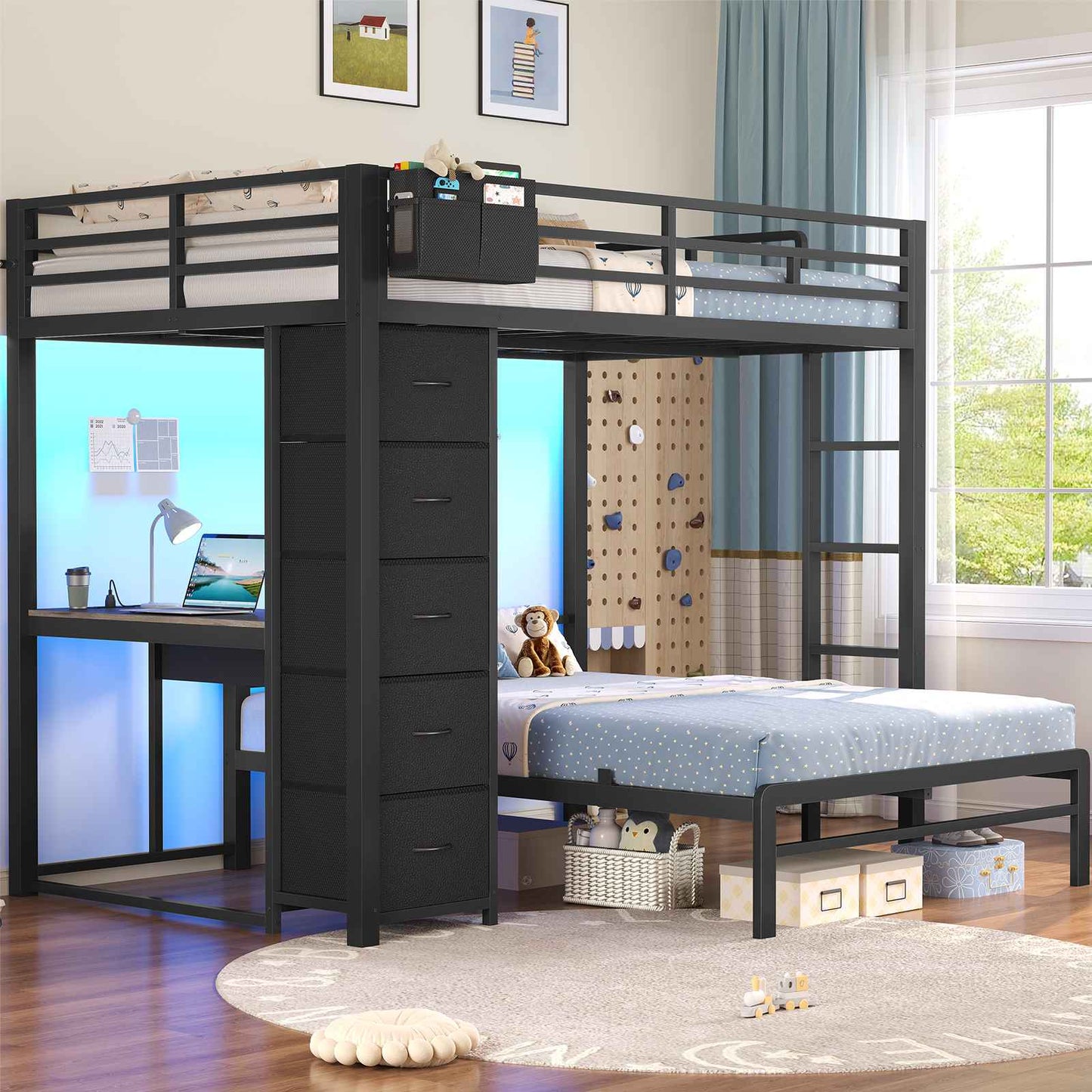 ADORNEVE | Full Over Full Bunk Bed with Desk and 5 Drawers LED Bunk Beds with Charging Station and Storage Pockets Safety Guardrails