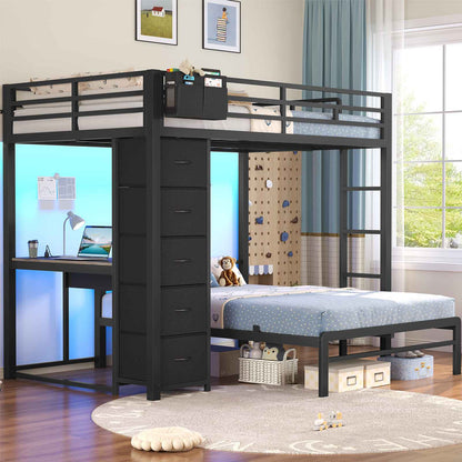 ADORNEVE | Full Over Full Bunk Bed with Desk and 5 Drawers LED Bunk Beds with Charging Station and Storage Pockets Safety Guardrails