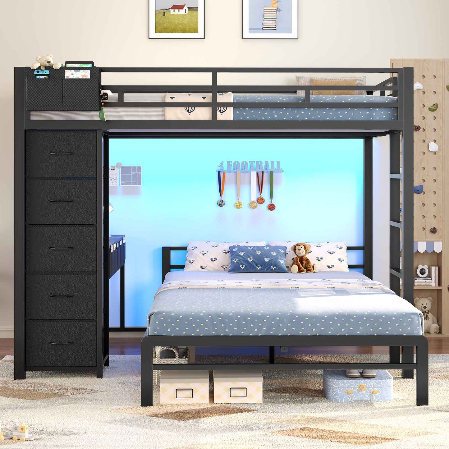 ADORNEVE | Full Over Full Bunk Bed with Desk and 5 Drawers LED Bunk Beds with Charging Station and Storage Pockets Safety Guardrails