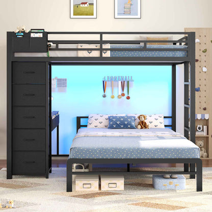 ADORNEVE | Full Over Full Bunk Bed with Desk and 5 Drawers LED Bunk Beds with Charging Station and Storage Pockets Safety Guardrails