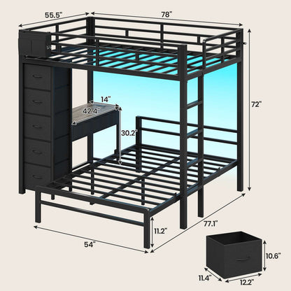 ADORNEVE | Full Over Full Bunk Bed with Desk and 5 Drawers LED Bunk Beds with Charging Station and Storage Pockets Safety Guardrails
