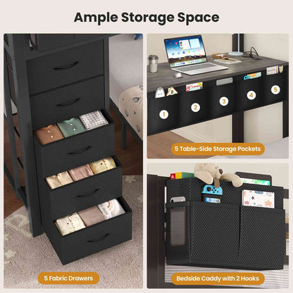 ADORNEVE | Full Over Full Bunk Bed with Desk and 5 Drawers LED Bunk Beds with Charging Station and Storage Pockets Safety Guardrails