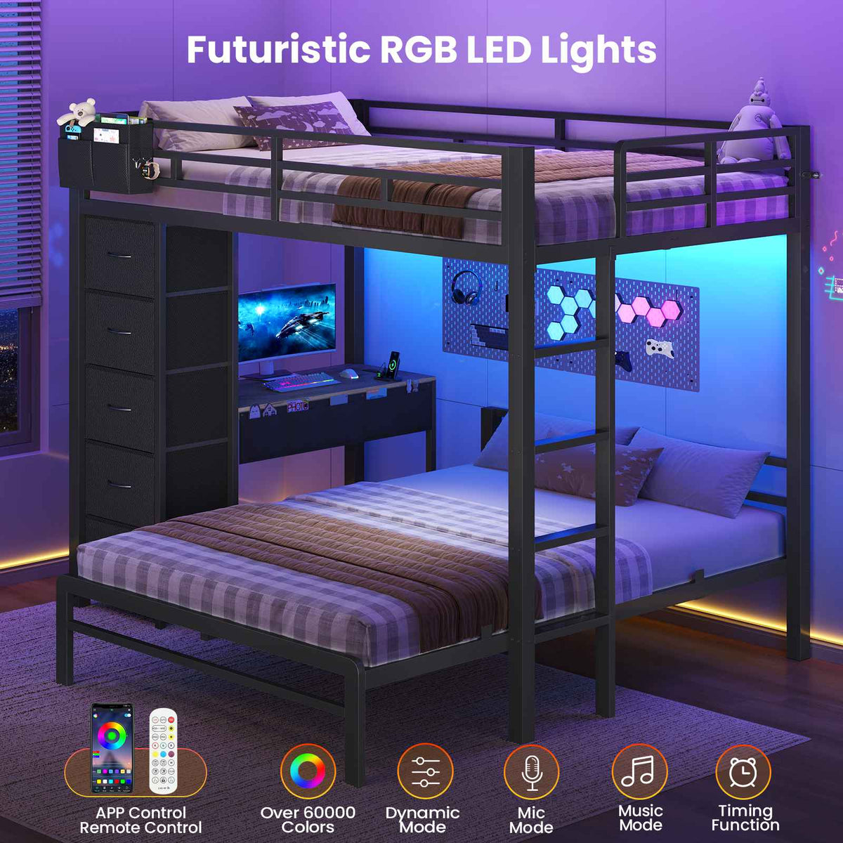 ADORNEVE | Full Over Full Bunk Bed with Desk and 5 Drawers LED Bunk Beds with Charging Station and Storage Pockets Safety Guardrails