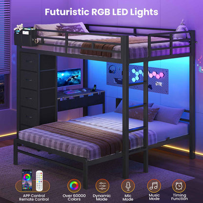 ADORNEVE | Full Over Full Bunk Bed with Desk and 5 Drawers LED Bunk Beds with Charging Station and Storage Pockets Safety Guardrails