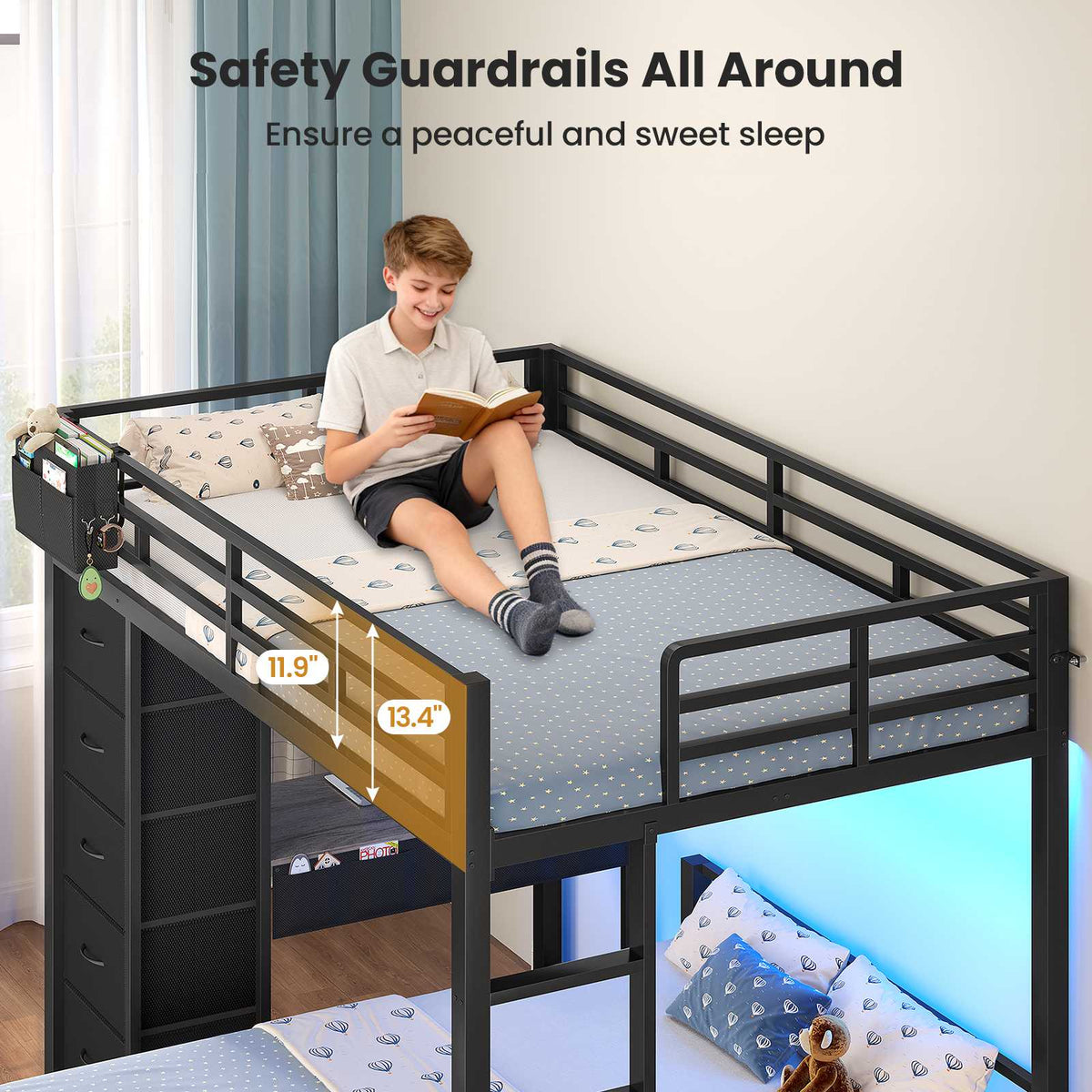 ADORNEVE | Full Over Full Bunk Bed with Desk and 5 Drawers LED Bunk Beds with Charging Station and Storage Pockets Safety Guardrails