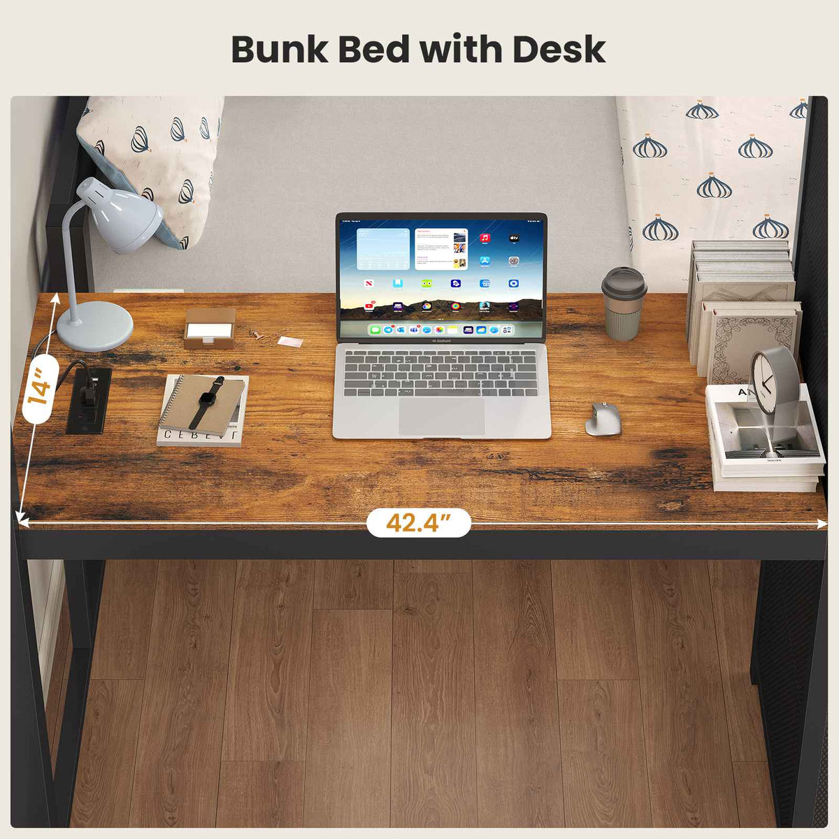 ADORNEVE | Full Over Full Bunk Bed with Desk and 5 Drawers LED Bunk Beds with Charging Station and Storage Pockets Safety Guardrails