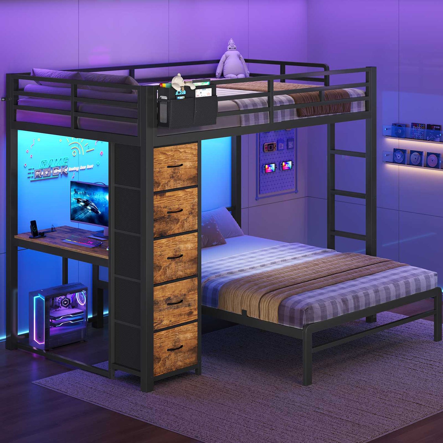 ADORNEVE | Full Over Full Bunk Bed with Desk and 5 Drawers LED Bunk Beds with Charging Station and Storage Pockets Safety Guardrails