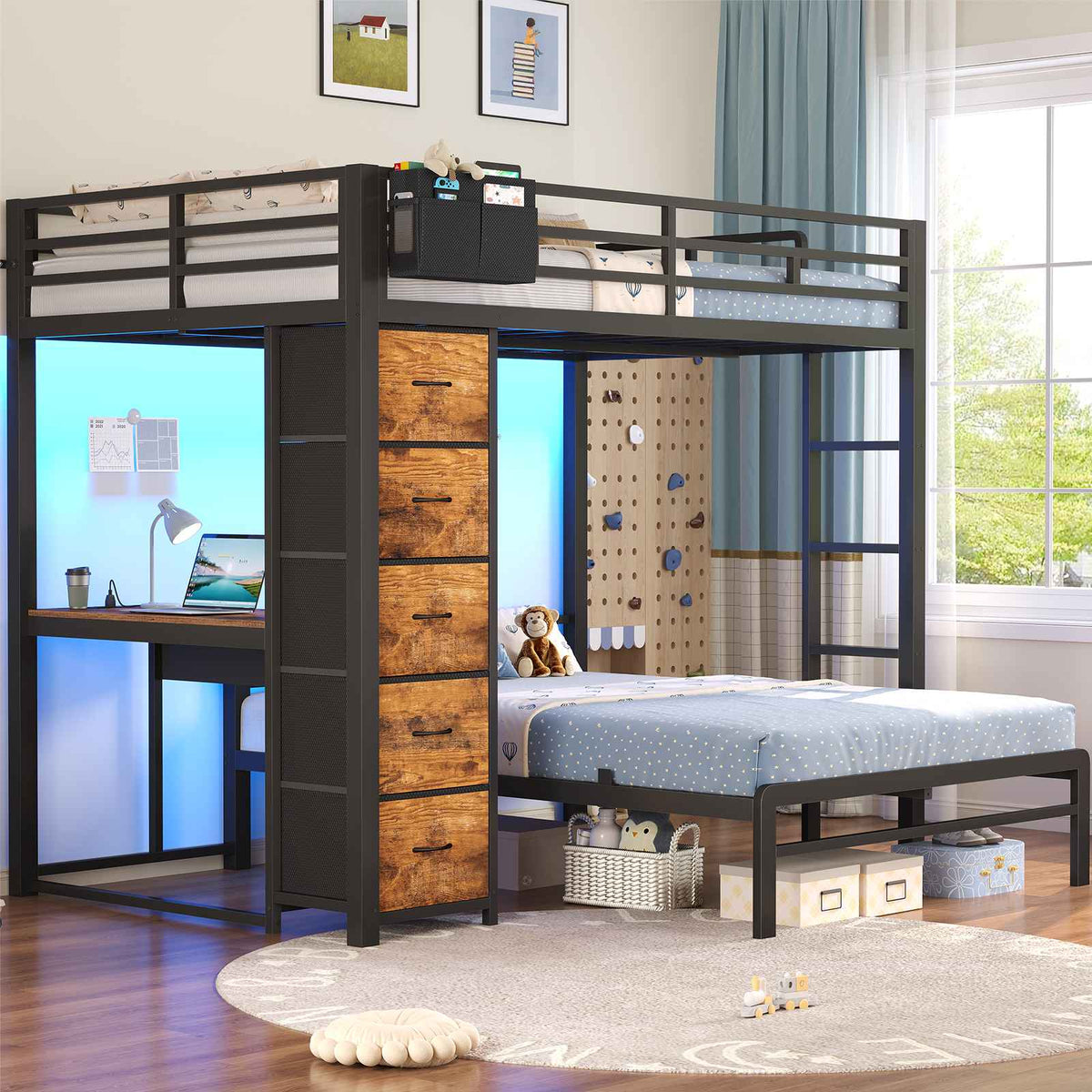 ADORNEVE | Full Over Full Bunk Bed with Desk and 5 Drawers LED Bunk Beds with Charging Station and Storage Pockets Safety Guardrails