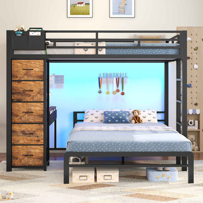 ADORNEVE | Full Over Full Bunk Bed with Desk and 5 Drawers LED Bunk Beds with Charging Station and Storage Pockets Safety Guardrails