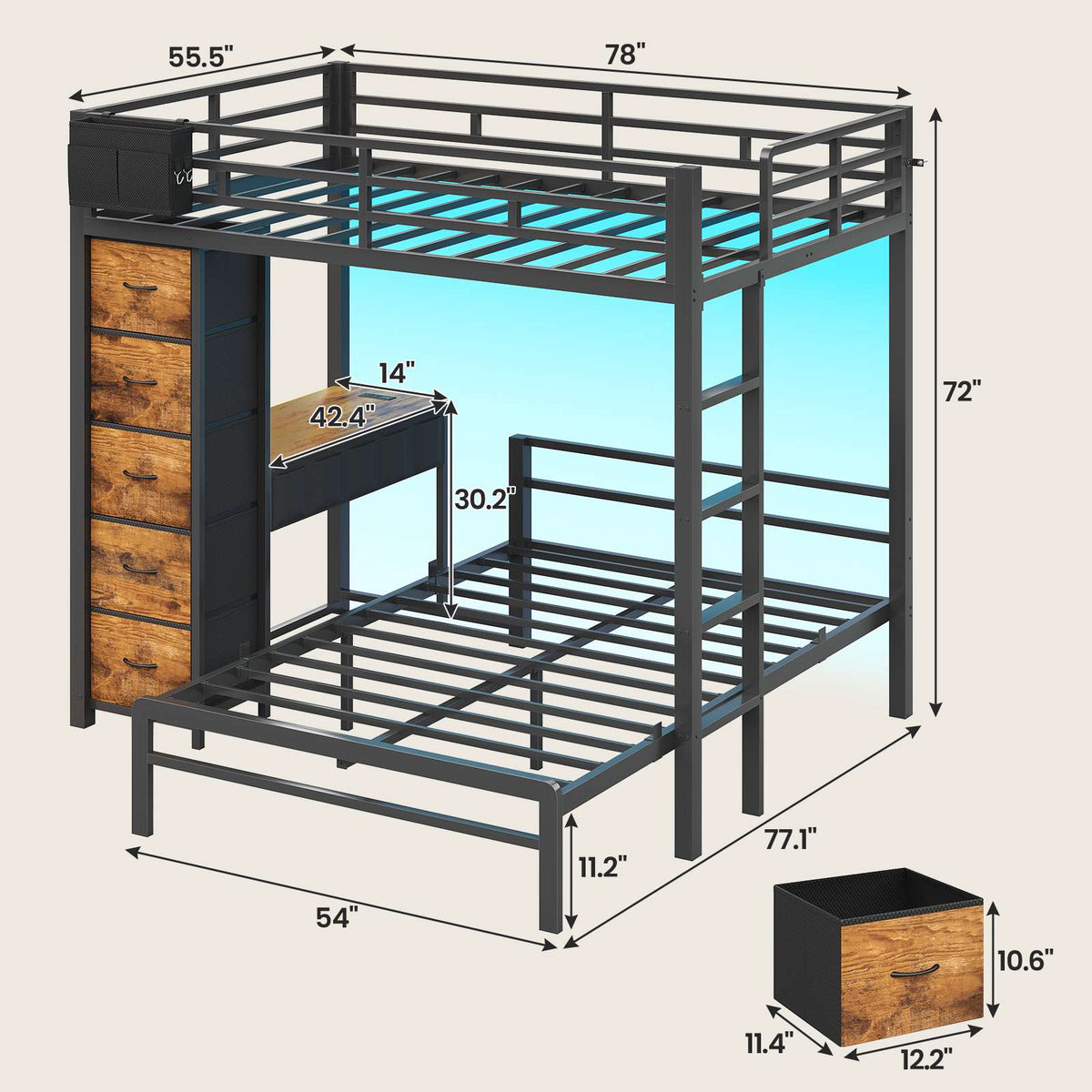 ADORNEVE | Full Over Full Bunk Bed with Desk and 5 Drawers LED Bunk Beds with Charging Station and Storage Pockets Safety Guardrails