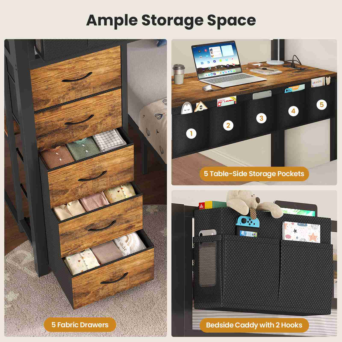 ADORNEVE | Full Over Full Bunk Bed with Desk and 5 Drawers LED Bunk Beds with Charging Station and Storage Pockets Safety Guardrails