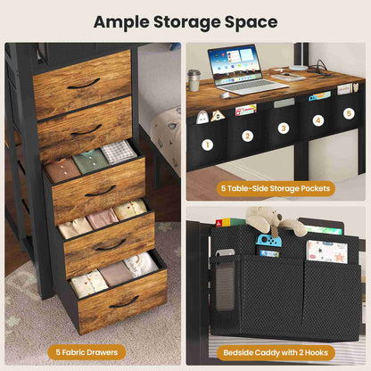 ADORNEVE | Full Over Full Bunk Bed with Desk and 5 Drawers LED Bunk Beds with Charging Station and Storage Pockets Safety Guardrails