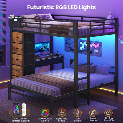 ADORNEVE | Full Over Full Bunk Bed with Desk and 5 Drawers LED Bunk Beds with Charging Station and Storage Pockets Safety Guardrails