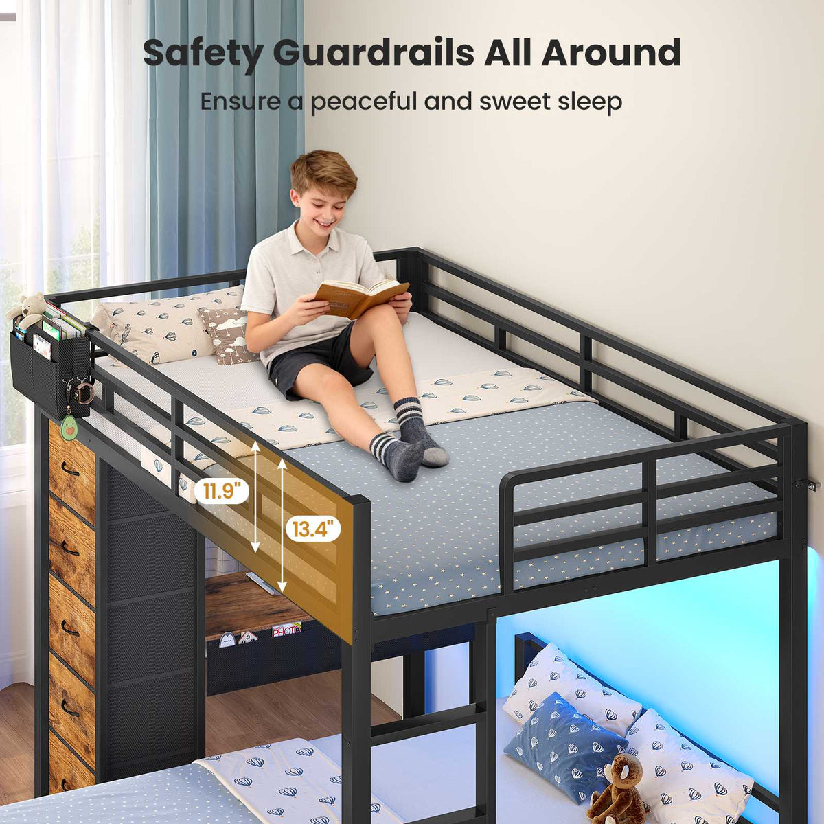 ADORNEVE | Full Over Full Bunk Bed with Desk and 5 Drawers LED Bunk Beds with Charging Station and Storage Pockets Safety Guardrails