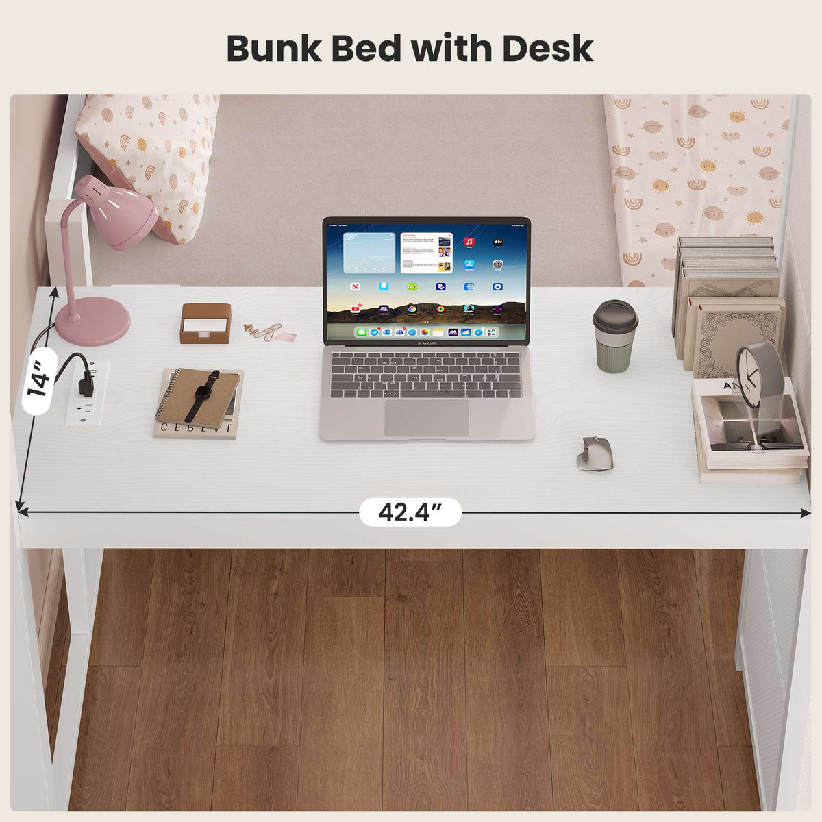 ADORNEVE | Full Over Full Bunk Bed with Desk and 5 Drawers LED Bunk Beds with Charging Station and Storage Pockets Safety Guardrails