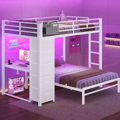 ADORNEVE | Full Over Full Bunk Bed with Desk and 5 Drawers LED Bunk Beds with Charging Station and Storage Pockets Safety Guardrails