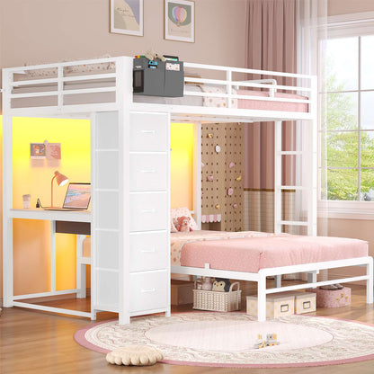 ADORNEVE | Full Over Full Bunk Bed with Desk and 5 Drawers LED Bunk Beds with Charging Station and Storage Pockets Safety Guardrails