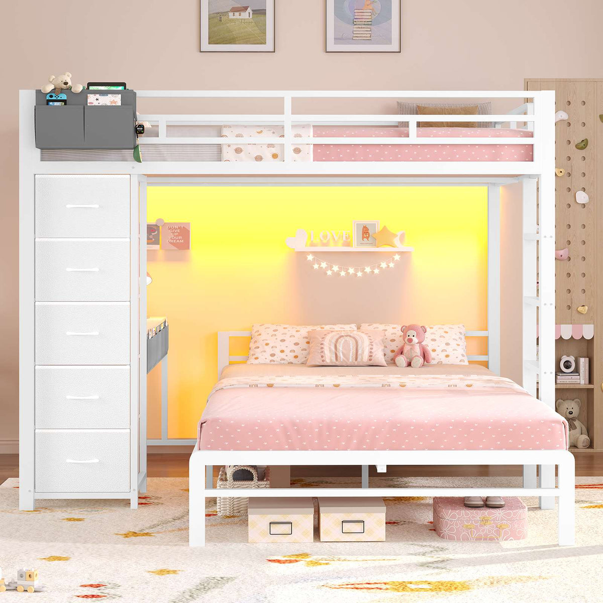 ADORNEVE | Full Over Full Bunk Bed with Desk and 5 Drawers LED Bunk Beds with Charging Station and Storage Pockets Safety Guardrails