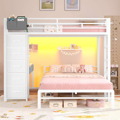 ADORNEVE | Full Over Full Bunk Bed with Desk and 5 Drawers LED Bunk Beds with Charging Station and Storage Pockets Safety Guardrails