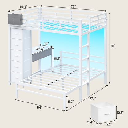 ADORNEVE | Full Over Full Bunk Bed with Desk and 5 Drawers LED Bunk Beds with Charging Station and Storage Pockets Safety Guardrails