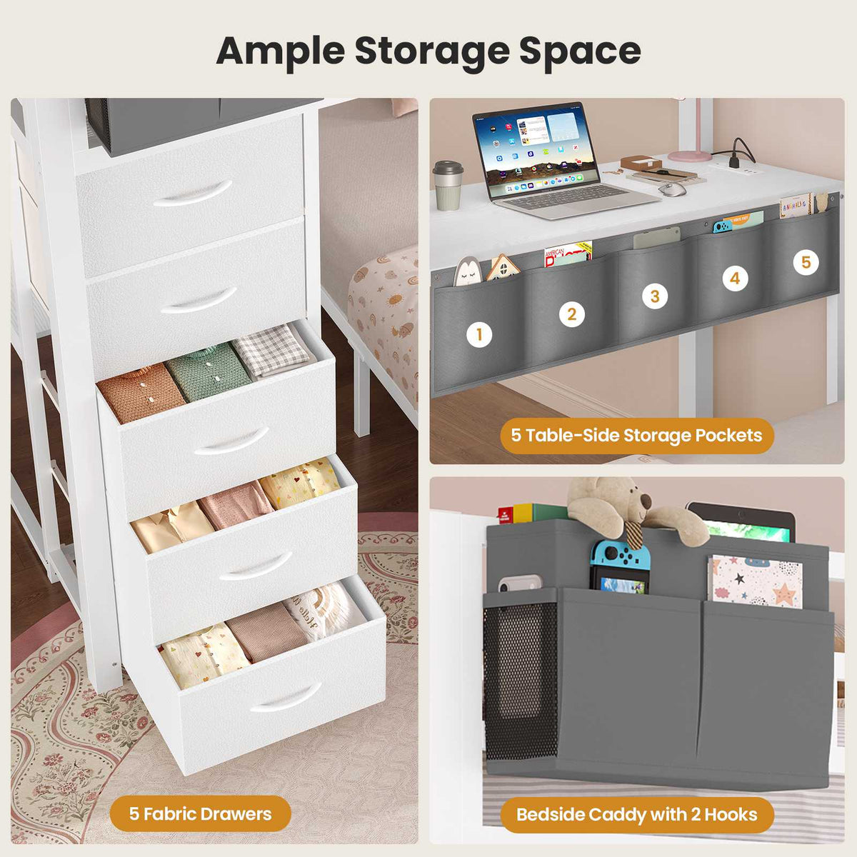 ADORNEVE | Full Over Full Bunk Bed with Desk and 5 Drawers LED Bunk Beds with Charging Station and Storage Pockets Safety Guardrails