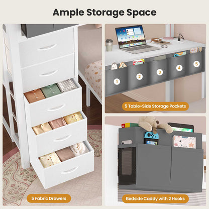 ADORNEVE | Full Over Full Bunk Bed with Desk and 5 Drawers LED Bunk Beds with Charging Station and Storage Pockets Safety Guardrails