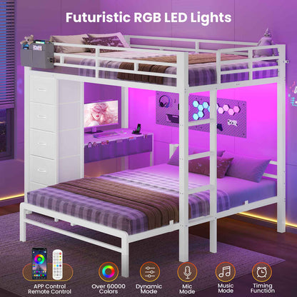 ADORNEVE | Full Over Full Bunk Bed with Desk and 5 Drawers LED Bunk Beds with Charging Station and Storage Pockets Safety Guardrails