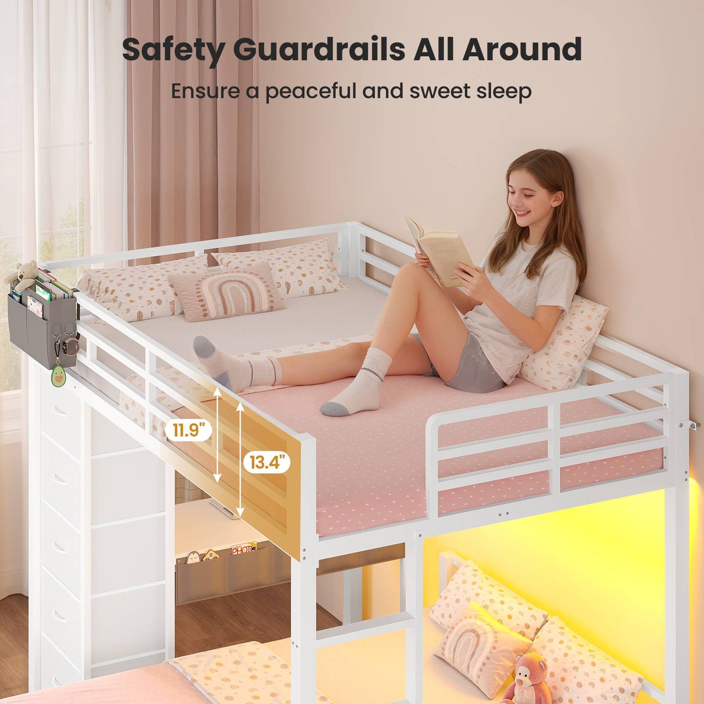 ADORNEVE | Full Over Full Bunk Bed with Desk and 5 Drawers LED Bunk Beds with Charging Station and Storage Pockets Safety Guardrails