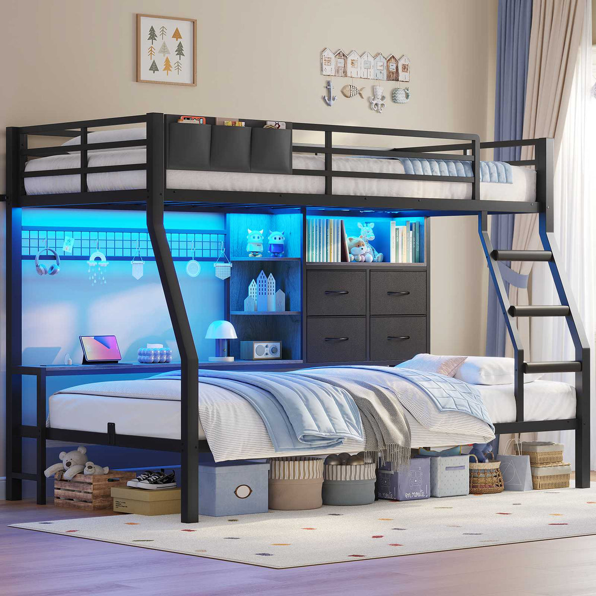 ADORNEVE | Bunk Bed Twin Over Twin with Charging Station and 4 Drawers Bunk Beds with Shelves and Metal Grid Panel Bunk Beds with Safety Guardrail and Slanted Ladder