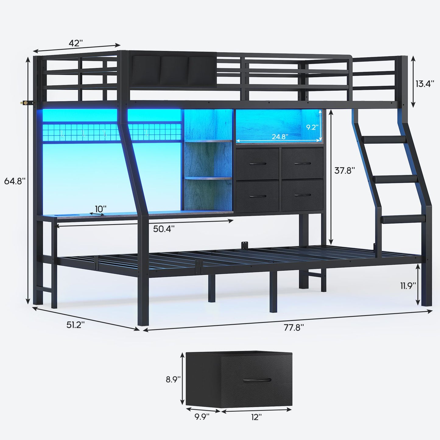 ADORNEVE | Bunk Bed Twin Over Twin with Charging Station and 4 Drawers Bunk Beds with Shelves and Metal Grid Panel Bunk Beds with Safety Guardrail and Slanted Ladder