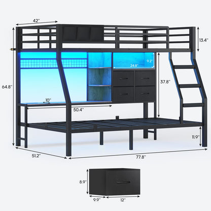 ADORNEVE | Bunk Bed Twin Over Twin with Charging Station and 4 Drawers Bunk Beds with Shelves and Metal Grid Panel Bunk Beds with Safety Guardrail and Slanted Ladder