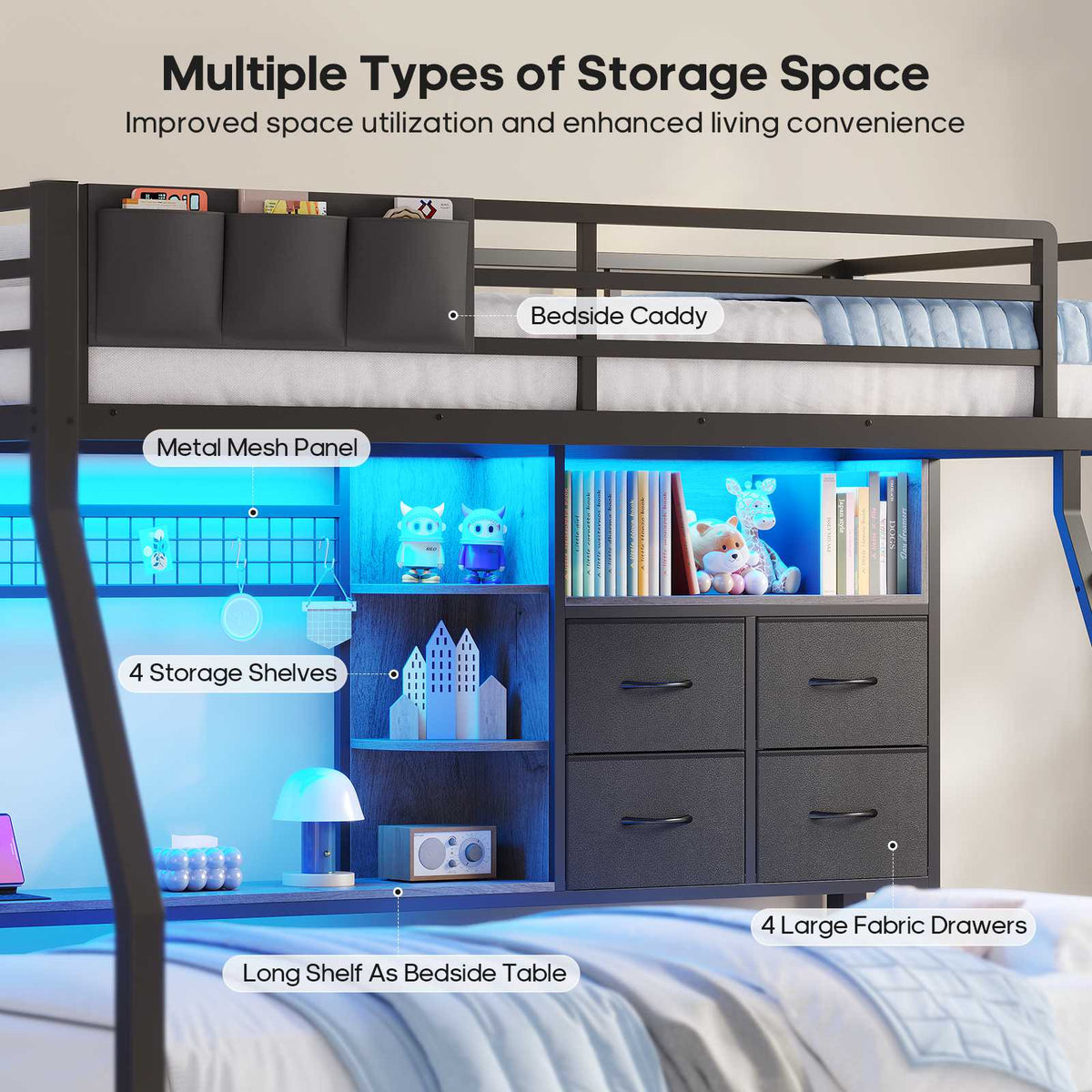 ADORNEVE | Bunk Bed Twin Over Twin with Charging Station and 4 Drawers Bunk Beds with Shelves and Metal Grid Panel Bunk Beds with Safety Guardrail and Slanted Ladder
