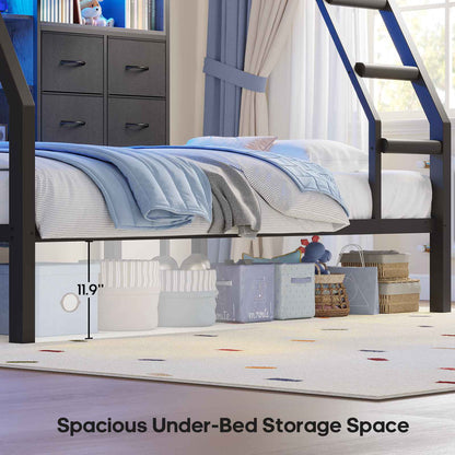 ADORNEVE | Bunk Bed Twin Over Twin with Charging Station and 4 Drawers Bunk Beds with Shelves and Metal Grid Panel Bunk Beds with Safety Guardrail and Slanted Ladder