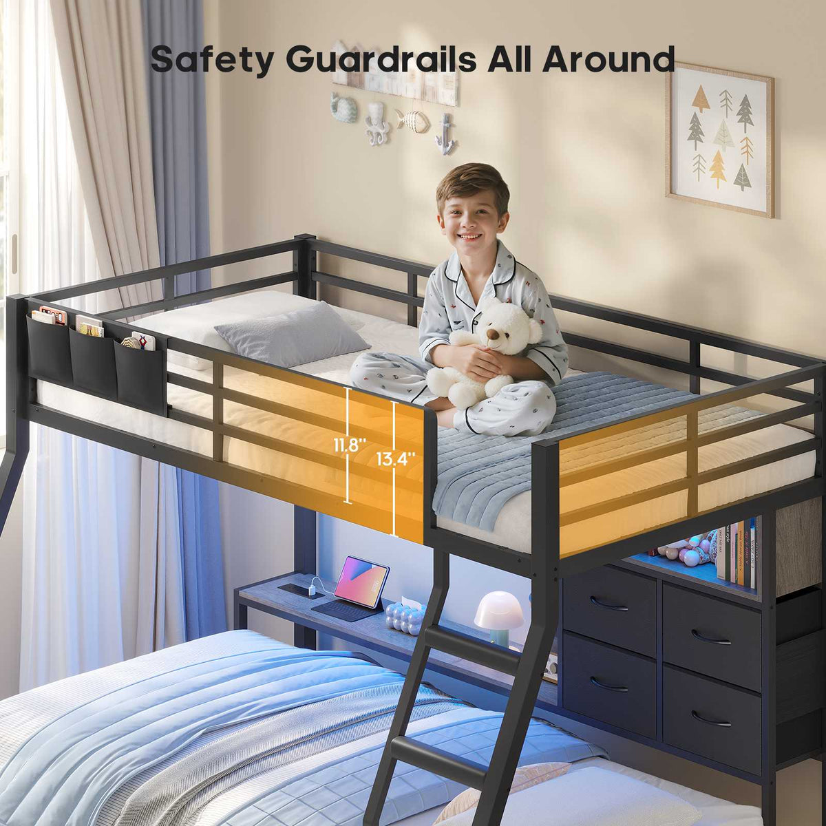 ADORNEVE | Bunk Bed Twin Over Twin with Charging Station and 4 Drawers Bunk Beds with Shelves and Metal Grid Panel Bunk Beds with Safety Guardrail and Slanted Ladder