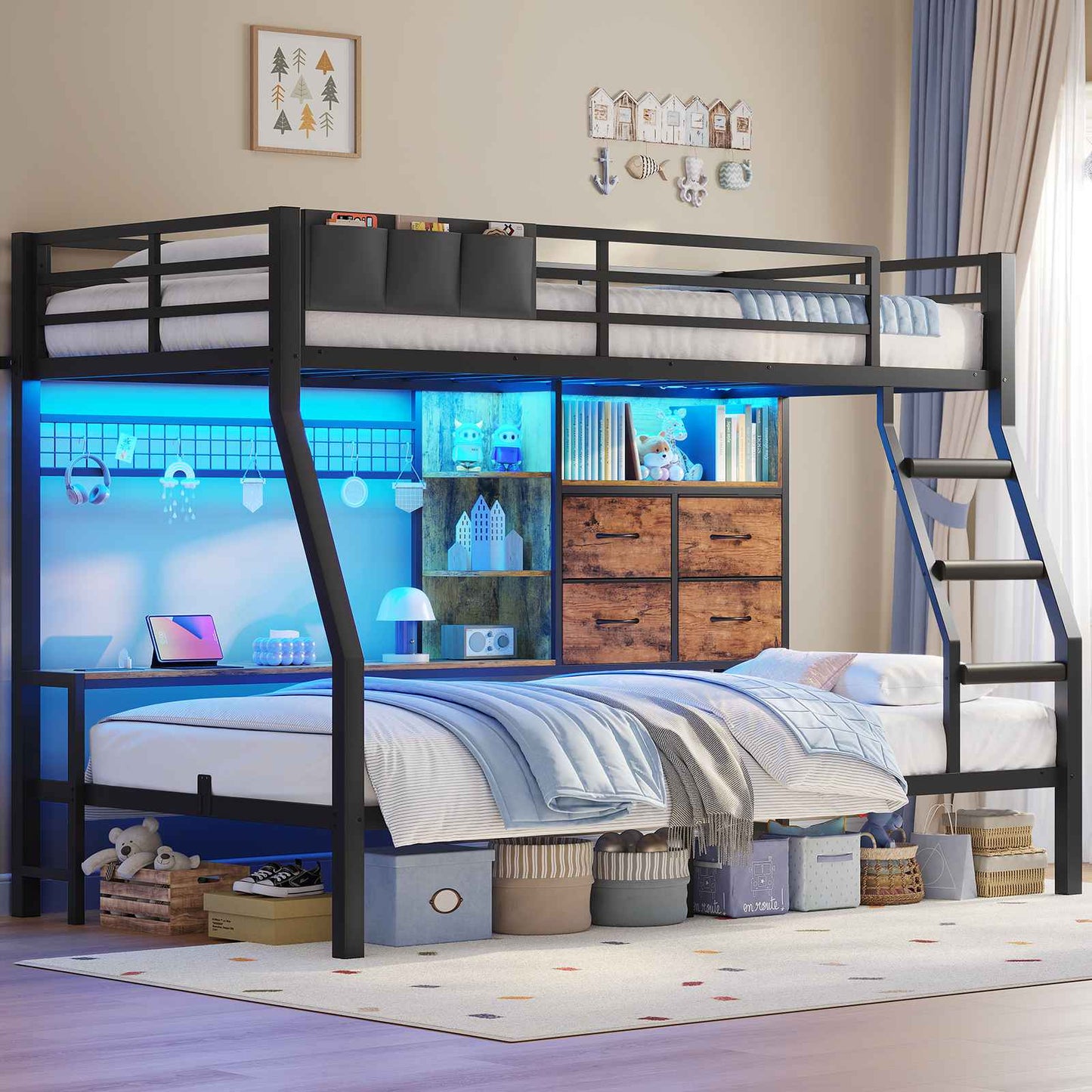 ADORNEVE | Bunk Bed Twin Over Twin with Charging Station and 4 Drawers Bunk Beds with Shelves and Metal Grid Panel Bunk Beds with Safety Guardrail and Slanted Ladder