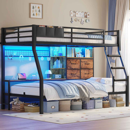 ADORNEVE | Bunk Bed Twin Over Twin with Charging Station and 4 Drawers Bunk Beds with Shelves and Metal Grid Panel Bunk Beds with Safety Guardrail and Slanted Ladder